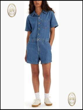 Short Sleeve Denim Romper with Collar, Knee Length, Standard Fit
